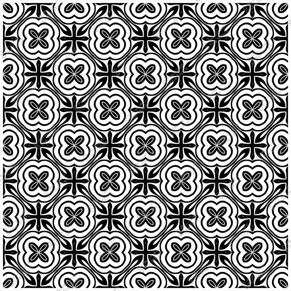 Black and white decorative pattern with a repeating design resembling flowers and geometric elements.