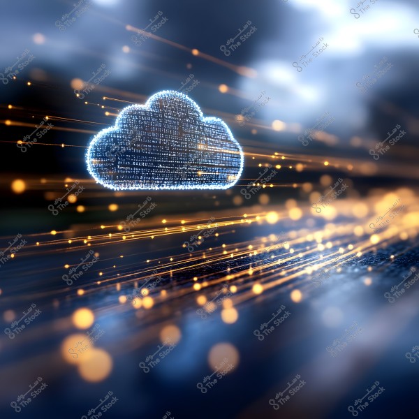 The image depicts a digital cloud shape glowing in the center, composed of binary code zeros and ones. It is surrounded by light trails in yellow-orange color. The background is blurred in blue, giving a futuristic and technological effect.