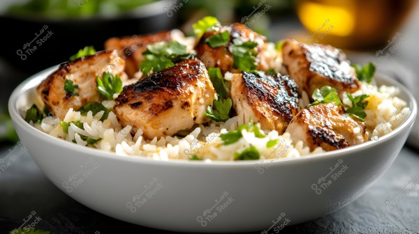 A white bowl containing grilled chicken pieces served over white rice and garnished with fresh parsley leaves. The dish is prominently featured in the image, highlighting the delicious golden color of the chicken pieces and the freshness of the added herbs.