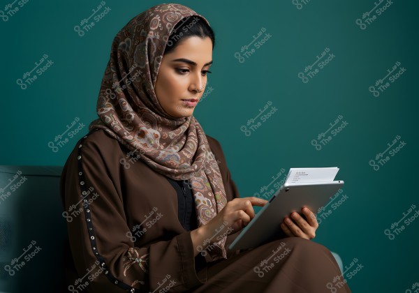 A woman sits on a couch using a tablet. She is wearing a brown abaya and a patterned hijab, appearing focused on the tablet\'s screen. The background is a plain green, highlighting her features, and her head is covered with the colorful hijab. The image captures detailed aspects of clothing, possibly indicating a modern lifestyle.