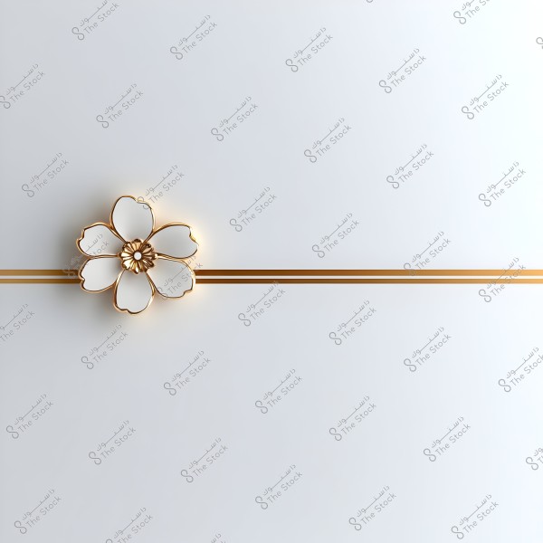 A simple design on a white background featuring an elegant gold flower with geometric details and a gold ribbon extending horizontally across the image.