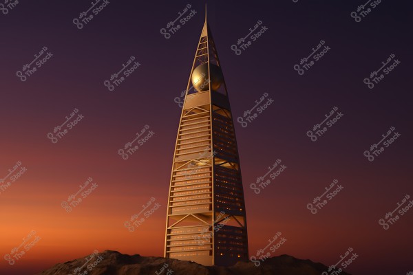 Image of Al Faisaliah Tower in Riyadh, Saudi Arabia, shown at sunset. The tower is illuminated, featuring a modern design with a pyramidal shape and a large golden sphere at the top. The sky in the background is vibrant with hues of orange and blue.