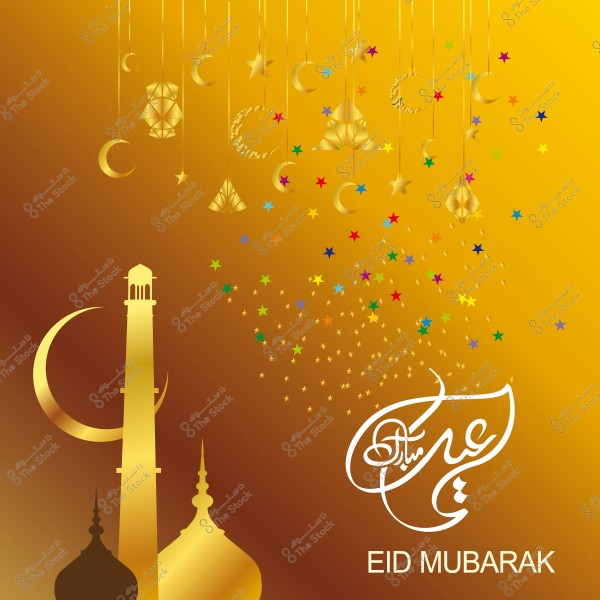 تصميم بطاقة تهنئة بالعيد مع عناصر رمضانية مثل الهلال, المنارة, وعبارة عيد مبارك بخط عربي أنيق, وتتناثر نجوم ملونة على خلفية ذهبية.