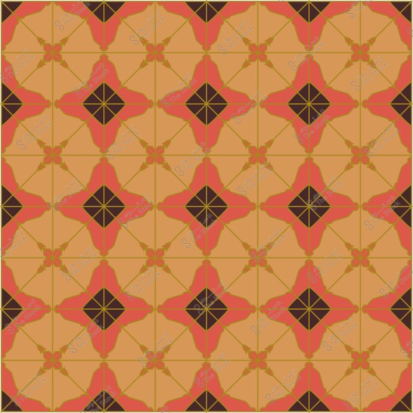 Geometric pattern consisting of repeating shapes in orange, red, and black colors forming a symmetrical decorative design.