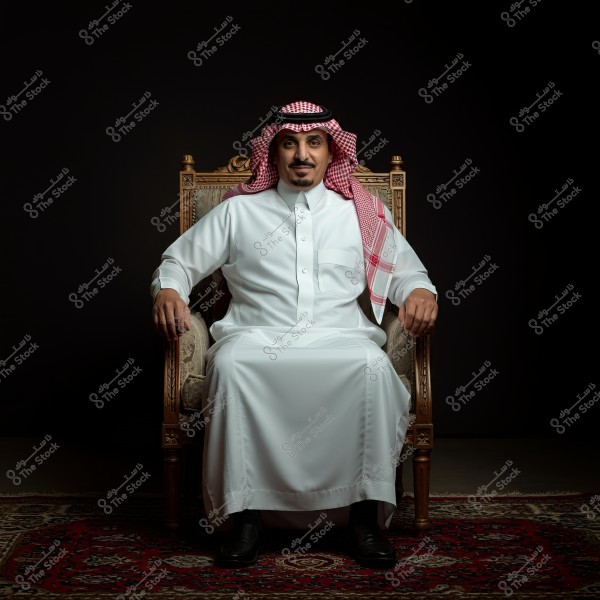 A portrait of a man sitting on an ornate chair in a dark setting. The man is wearing a traditional white thobe and a red and white checkered headdress, indicating he might be from Saudi Arabia or another Gulf region. The chair is positioned on a red carpet with traditional patterns.