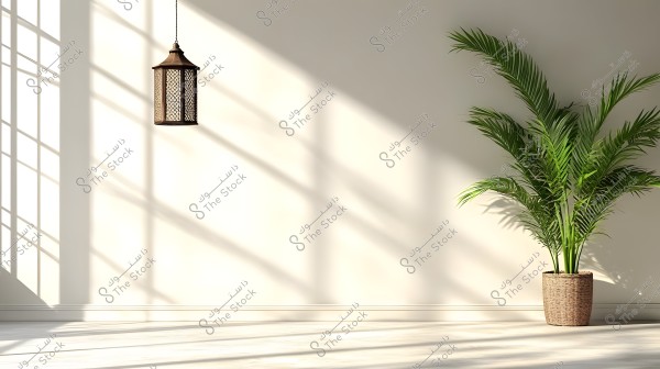 The image shows a corner of a sunlit room. On the left wall, there is a hanging metallic lantern with a traditional Arabic design. To the right, there is a green palm plant in a wicker pot. The shadows of both the lantern and the plant are cast on the wall, creating a calm and warm atmosphere in the room.