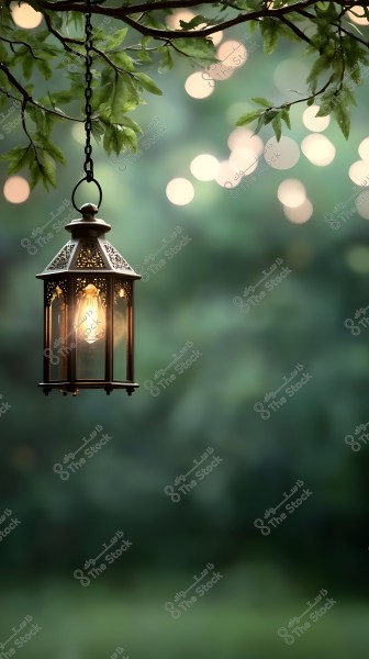 An ornate metal lantern hangs from a tree branch, glowing amidst a blurred natural green background with foliage. Soft sparkling lights in the background add a magical and romantic touch to the scene.