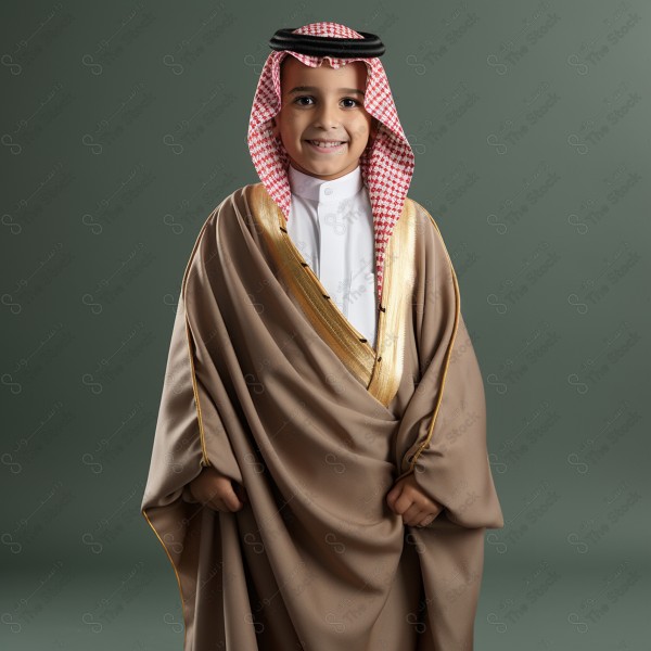 A child wearing Mishlah, traditional saudi clothing, a thobe, National Day, Founding Day, through artificial intelligence.