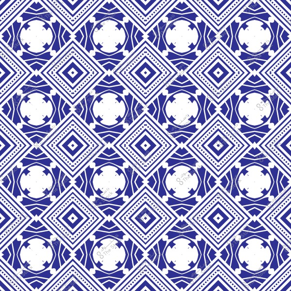 تصميم نمطي هندسي متكرر بألوان الأزرق والأبيض. يتميز النمط بأشكال ماسية تتداخل مع دوائر وزخارف هندسية أخرى, مما يخلق مظهراً متناغماً ومتناسقاً. النمط يعكس الطابع التقليدي للفنون الهندسية ويمكن استخدامه في تصميم الأقمشة أو عناصر الديكور.