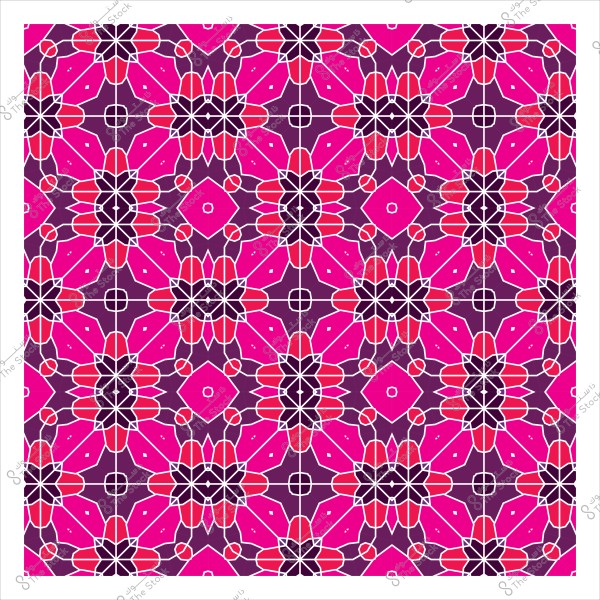 نمط هندسي مزخرف بألوان زاهية يتألف من تصميمات متكررة تجمع بين الشكل الوردي والبرتقالي مع خطوط بيضاء على خلفية أرجوانية.

-