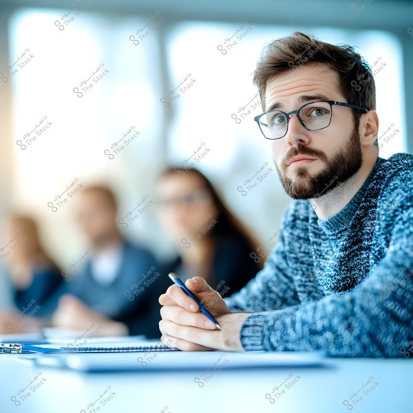 Image of a man wearing glasses and a blue sweater, sitting at a desk with a notebook and pen in hand. He appears to be focused on something in front of the room. In the background, there are blurred figures of other people seated in a row. The scene gives an impression of an educational or professional meeting environment.