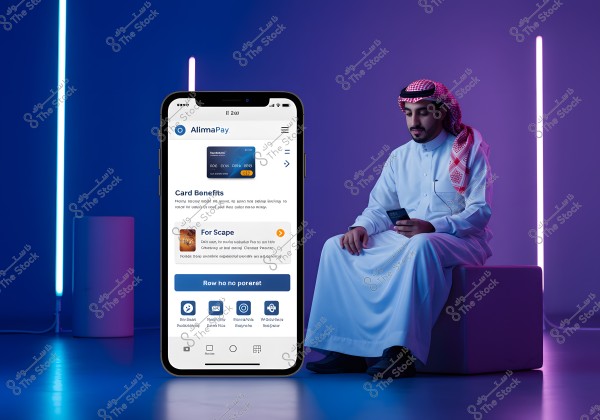 An image of a man sitting on a bench in a studio lit with purple and blue lights. The man is wearing a white thobe and a traditional red and white headscarf, holding a mobile phone in his hand. In front of him, there is a smartphone displaying a financial services app called \"AlimaPay,\" with information about card benefits and other offers.