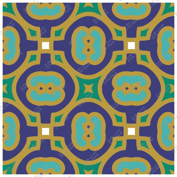 نمط هندسي متماثل بألوان الأزرق والأخضر والذهبي مع تفاصيل بيضاء.
