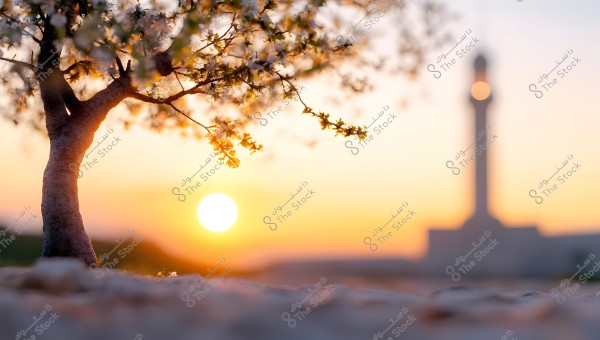 An image of a sunset with a small blossoming tree in the foreground. In the background, a mosque\'s minaret is blurred due to the focus on the foreground tree, and the horizon complements the sky\'s colors transitioning into various shades of orange and yellow.