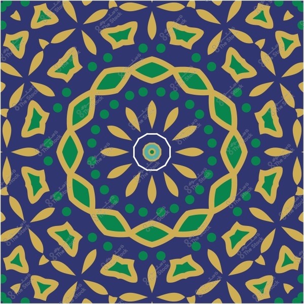 نمط زخرفي ماندالا بأشكال هندسية بألوان الأزرق والذهبي والأخضر.
