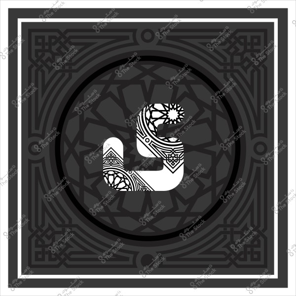 Geometric art design featuring the letter \"S\" in white with ornamental circular patterns and artistic shapes. The background consists of circles and geometric designs in black and gray, with a border containing intricate decorations at the corners.