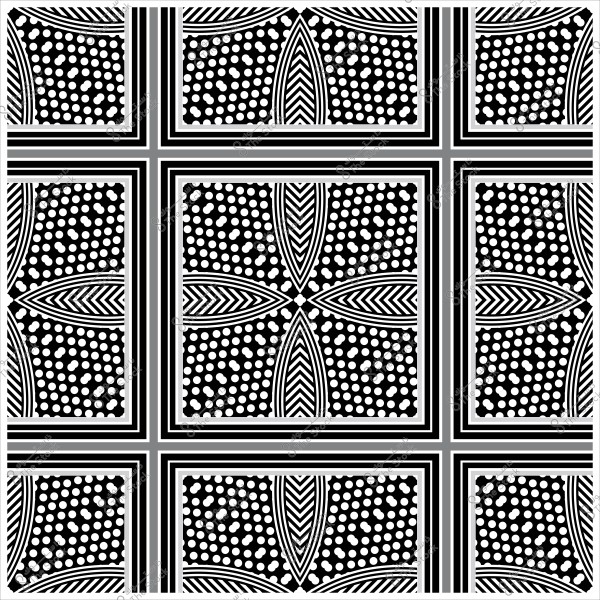 Black and white geometric pattern consisting of intersecting lines and scattered circular dots in a repeating design.