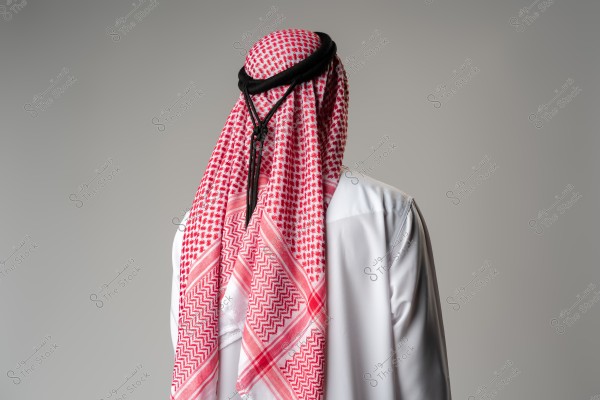 Image of a man in traditional attire seen from behind. He is wearing a red and white checkered ghutra with a black agal, and part of a white thobe is visible. The background is a neutral gray color.