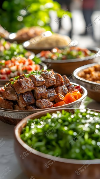 An image of various dishes featuring neatly stacked pieces of grilled meat in a large bowl, garnished with some green herbs and tomatoes. In the background, there are other bowls containing green salad and other ingredients, with a blurred background showing some green plants.