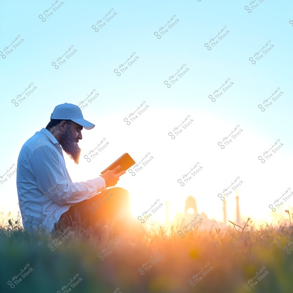 An image of a man sitting outdoors reading a book during sunset. He is wearing a cap and a long-sleeved shirt. The sun is setting behind him, flooding the scene with light, with a clear blue sky and some buildings visible on the horizon.