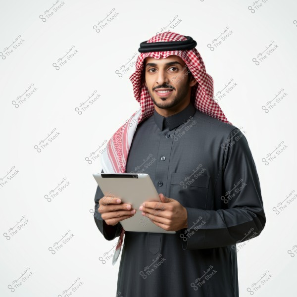 A portrait of a man wearing traditional Saudi attire, consisting of a thobe and a checkered headscarf with an agal, holding a tablet. The white background highlights the details of the clothing.
