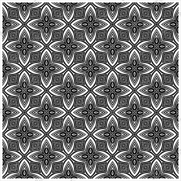 Black and white geometric pattern consisting of symmetrical, repeated shapes resembling square flowers.