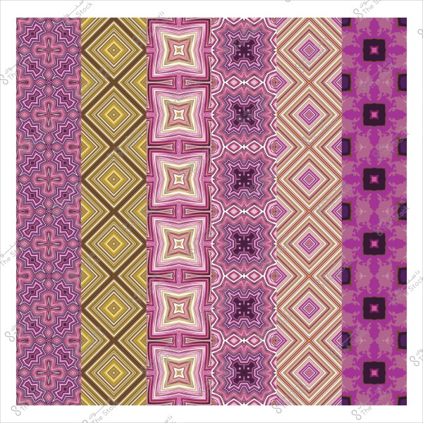 مجموعة من الأنماط الهندسية بالألوان الوردي والذهبي والأرجواني.