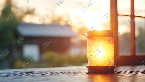 Image of an illuminated Asian-style lantern placed on a wooden surface next to a window during sunset. The golden light of the lantern reflects on the surface, and the blurry background shows some trees and wooden structures.