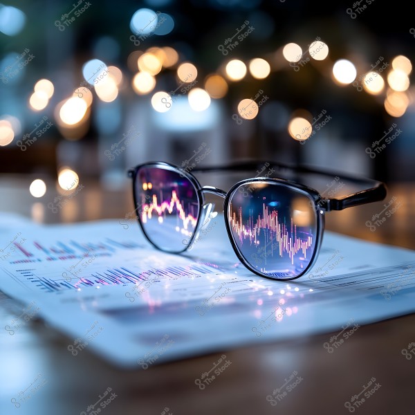 A pair of round eyeglasses placed on a sheet containing charts and numbers, with colorful charts reflecting on the lenses. The background features bokeh lights, adding a sense of focus and contemplation to the financial data.
