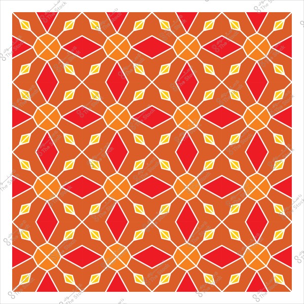 نقش هندسي مزخرف بألوان برتقالية وحمراء وصفراء يظهر بتصميم متكرر.