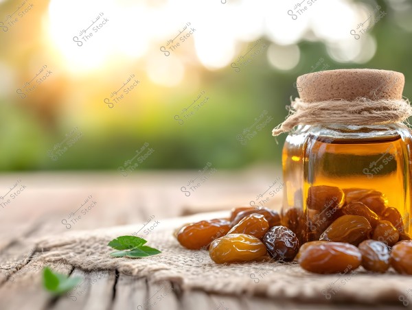 An image of a glass jar filled with honey placed on a wooden surface. The jar is sealed with a cork lid and tied with a string. Surrounding the jar are brown dates on a piece of burlap. The background is blurred with greenery and sunlight.