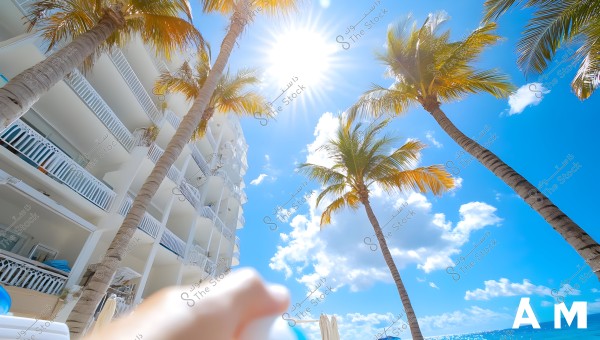 An image depicting a daytime beach scene features a white multi-story residential building with balconies and a modern design. Tall palm trees provide a tropical atmosphere alongside the building. The sun shines brightly in the clear blue sky with a few scattered white clouds.