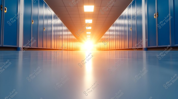 A long, futuristic corridor lined with blue cabinets on both sides, ending with a bright light in the horizon. The floor is glossy, and the ceiling features repetitive lights along the corridor.