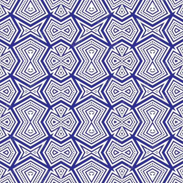 نمط هندسي مكون من أشكال سداسية وأربعة أضلاع متداخلة مع نقاط صغيرة بداخلها, باللون الأزرق والأبيض. التصميم يتميز بتكرار الأشكال بشكل متناظر.