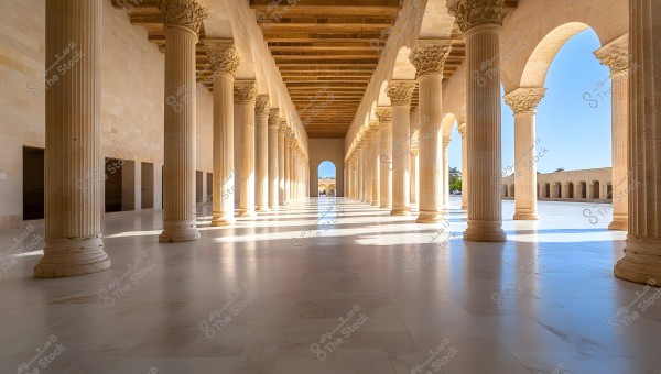 A long corridor adorned with large classical columns, featuring an exposed wooden ceiling and smooth flooring. The columns are made of sandstone, showcasing intricate architectural details. The corridor extends towards a bright arched entrance at its end, with sunlight streaming in and casting shadows on the floor. Blue sky and green trees are visible in the background.