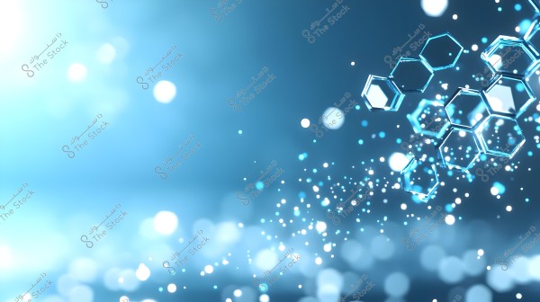 Abstract background image featuring semi-transparent hexagonal shapes in light blue, tilted to the right, surrounded by scattered bright dots on a blurry blue background. The geometric patterns give the image a modern and tech-inspired feel.