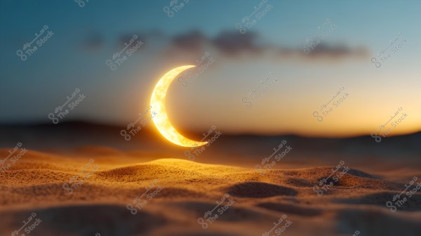 A scene of a desert at sunset featuring a large, luminous crescent moon rising above the sand dunes. The sky is a blend of vibrant blues and oranges. The horizon shows soft sandy hills and faint cloud shadows.