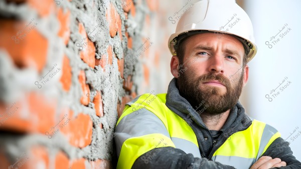 Portrait of a man wearing a white safety helmet and a yellow reflective vest over a dark grey shirt, standing beside a brick wall covered partially with cement. The man appears to be in the construction industry and is crossing his arms.