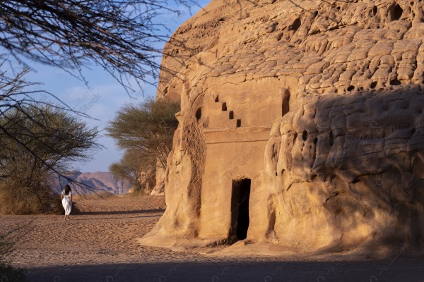 An aerial shot of the historic old buildings of Mada'in Saleh in Al-Ula Governorate, Saudi Arabia, tourist places in Saudi Arabia, NEOM.