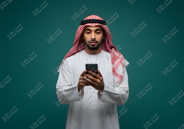 A portrait of a man wearing traditional Saudi attire, consisting of a white thobe and a red and white ghutra with a black agal. He stands in front of a green background, using a smartphone. His expression is calm, focused on the phone.