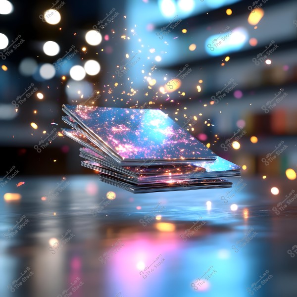 A stack of floating papers above a shiny surface illuminated with vibrant colors like blue and pink, with sparkling light dots scattered in the air. The background contains blurred bokeh lights, adding a lively and magical feel to the scene.