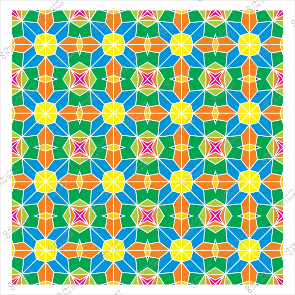 A multicolored geometric mosaic pattern featuring repeating shapes in blue, green, yellow, orange, and pink. The design reflects traditional Islamic art and displays a symmetrical arrangement.