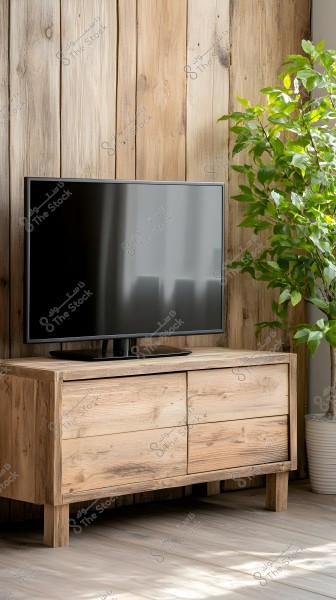 Image of a modern flat-screen TV placed on a light-colored wooden TV stand. The stand is situated in a room with a wooden floor and a wooden wall background. A large indoor plant in a white pot is placed next to the TV on the right side.