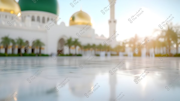 An image of a mosque with Islamic architectural style, featuring a green dome and a golden dome, along with a tall minaret on the left side. Palm trees are lined in the wide courtyard in front of the mosque. The bright sunlight in the background adds a serene and luminous atmosphere to the scene.