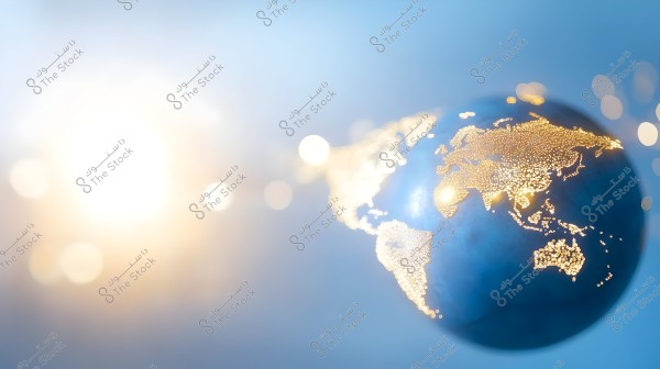 An image depicting the Earth glowing with golden lights against a blue background, with a bright light appearing on the left side as if it is a sunrise. The continents are shown with sparkling map details.