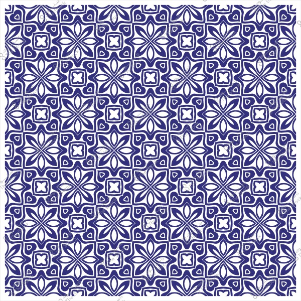 نمط أزرق وأبيض متماثل يظهر تصميمات هندسية وزهور متكررة.