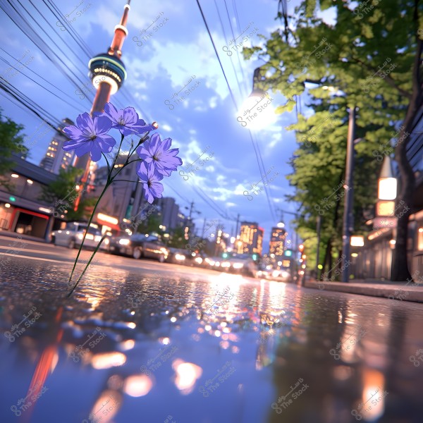 Evening cityscape with streetlights and building lights reflecting on wet pavement. Vibrant purple flowers bloom by the roadside. City towers and power lines can be seen in the background under a blue, cloud-filled sky.