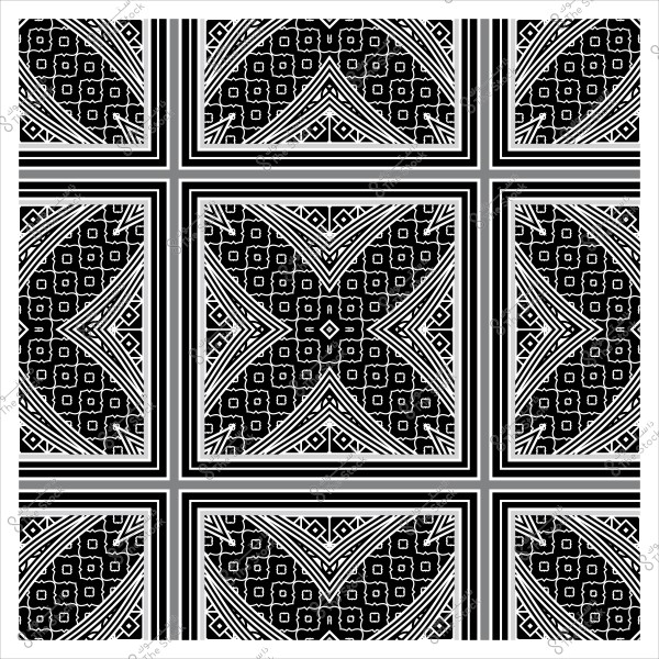 نمط هندسي أبيض وأسود مع تصميمات مربعة وزخارف معقدة متناظرة.