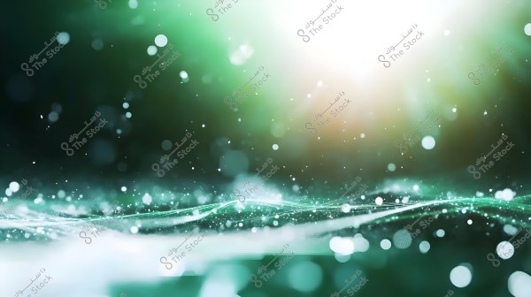 Abstract image featuring gradients of blue and green colors with sparkling light effects and scattered circular dots in the background. The image resembles outer space or a magical and fantasy-like marine scene.