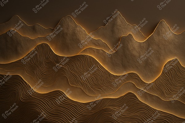 An artistic image depicting an abstract mountain scene with brown and golden gradients. The mountains in the background feature elevated, curved lines, while the foreground includes wavy lines resembling sand dunes, creating an aesthetic effect with lighting and shadows.